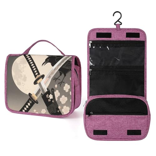 Image of ELUZZIZUT Samurai Sword Toiletry Bag with Hanging Hook Large Travel Cosmetic Organizer Waterproof Portable Makeup Storage Multiple Compartments Bag for Men Women Bathroom