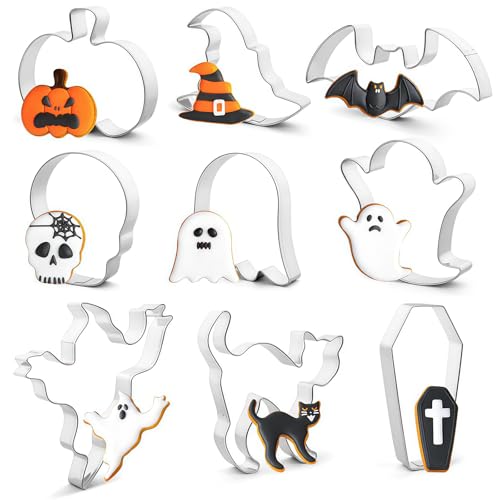 Set di 9 Formine Biscotti Halloween, Acciaio Inox Stampi Biscotti - Pipistrelli, Zucche, Scheletri, Fantasmi Cappello da mago, gatto e bara per Decorazioni Dolci e Cottura DIY
