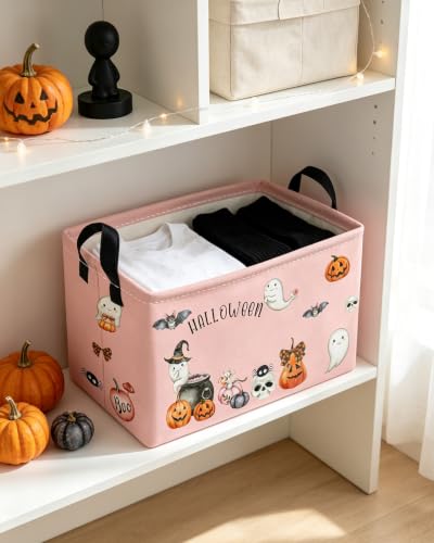 Image of Essme Rectangular Halloween Baskets,Ghost Storage Box,Cute Basket for Kids Room Decor, Book Bins,Shelf Basket.（Pink Ghost
