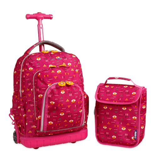 Image of J World Lollipop Kids Rolling Backpack & Lunch Bag Set for Elementary School. Carry-On Suitcase with Wheels, Fox