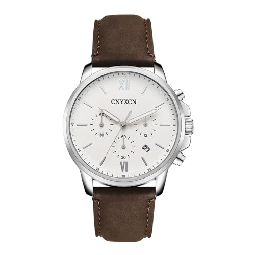 CNYXCN Watches for Men Classic 6 Hand Chronograph Quartz Watch with Leather Strap,Auto Date,Waterproof?White-Brown?