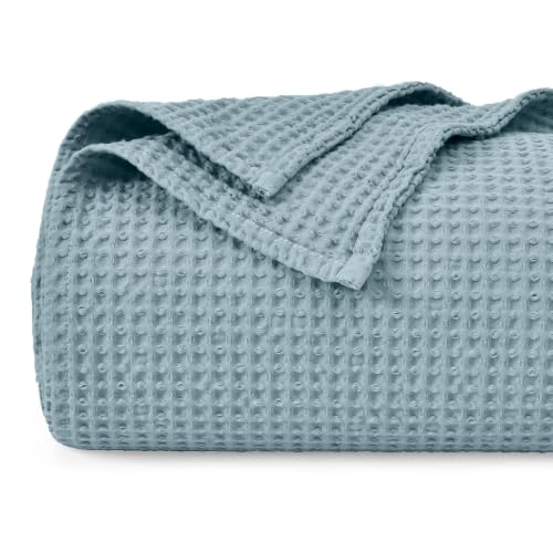 Image of PHF 100% Cotton Waffle Weave Blanket Double Size 150 x 200cm, Pre-Washed Lightweight Breathable Throw Blanket, Oeko-TEX Certified for Bed Couch Sofa, Home Decor, Dusty Blue