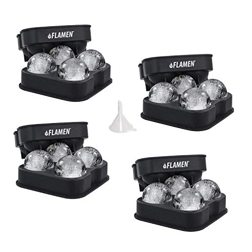 PREMIUM Flamen ICE BALL MAKER MOLD Fast & Easy Release Black Flexible Silicon Round Ice Ball Tray 4 Pack Molds 4 x 4.5 cm Round Ice Ball Spheres