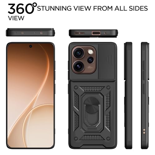 Image of Pikkme Back Cover for Oppo Reno 15 5G | 360 Protection Case | Sliding Camera Shield Cover & Ring Holder Stand D10 Tough Armor Bumper Case (Black)