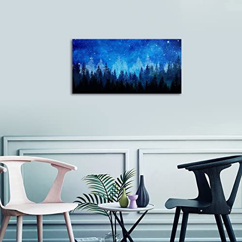 Nineaso Forest Canvas Wall Art Abstract Blue Forest Pictures Wall Decor Blue Night Starry Sky Canvas Print Artwork For Bedroom Living Room Office Home Wall Decoration Framed Ready To Hang 20" X 40" #TOP4