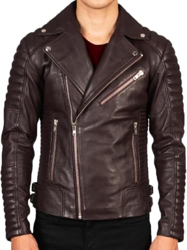 HiFacon Chaqueta acolchada asimétrica de cuero para motociclista clásica para hombre, Acolchado marrón, piel auténtica, XS