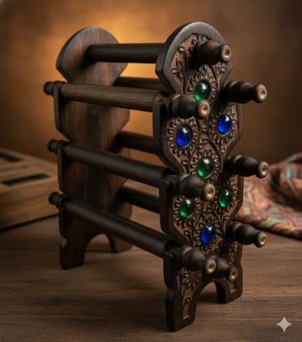 Image of Wooden Carved Bangle Stand | Folding Chuddi Stand | Gift item for women | Bar Bracelet, Bangle Jewelry Holder Stand Display Organizer, Bracelet Holder for Jewelry (Bangle stand 6 rods)