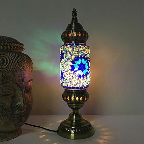 Yjmgrowing Turkish Mosaic Table Lamp Moroccan Handmade Glass Desk Lights Vintage Tiffany Style Night Light Lighting Fixtures for Bedroom Living Room Dining Room Cafe Bar Hotel, E14,Blue Cover