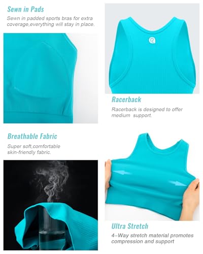 Image of RUNNING GIRL Sports Bras for Women High Impact Seamless Ribbed Longline High Neck Workout Crop Tank Tops(BX3067Teal Lagoon,S)