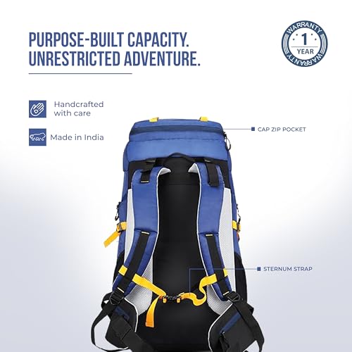 Image of Gear Overland 55L Extra Large Water Resistant Rucksack /Travel bag /For Men & Women(Blue - Yellow)
