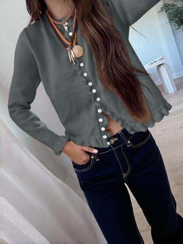 Image of Saodimallsu Womens Ruffle Cardigan Sweaters Button Up Crew Neck Long Sleeve Cropped Sweater Cute Soft Knit Tops