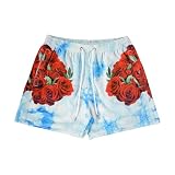 BOOMLEMON Mens Mesh Graphic Print Shorts Casual Fashion Cool Shorts Retro Active Gym Streetwear Short Pants(Azure Rose M)