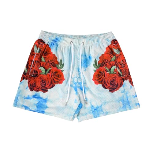 BOOMLEMON Mens Mesh Graphic Print Shorts Casual Fashion Cool Shorts Retro Active Gym Streetwear Short Pants(Azure Rose XL)