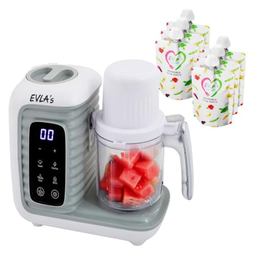 Image of EVLA'S Double Baby Food Maker with 2 Steaming Baskets, Steamer, Blender, Grinder, Food Processor, Cook & Blends Healthy Baby Food in Minutes, Touch Screen, with 6 food pouches, White