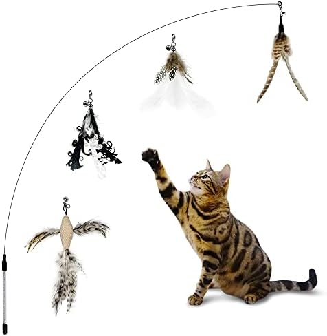 TTcat Cat Wand Toys, 35'' Flexible Steel Wire and 4PCS Cat Feather Toys Cat Teaser Toy Refills, Interactive Cat Toy Wand Kitten Toys for Indoor Cats to Play Chase Exercise…
