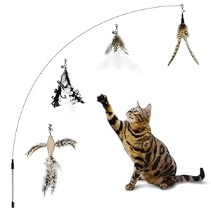 Cat Wand Toys, 35” Flexible Steel Wire and 4PCS Cat Feather Toys Cat Teaser Toy Refills, Interactive Cat Toy Wand Kitten Toys for Indoor Cats to Play Chase Exercise…