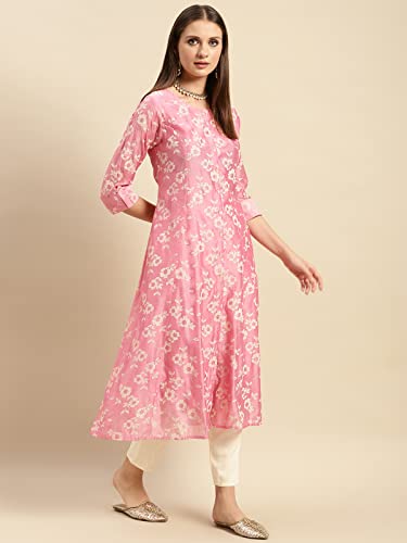 Image of rangita Pink Chanderi Calf Length Printed Flared Kurti for Women | Kurta for Women
