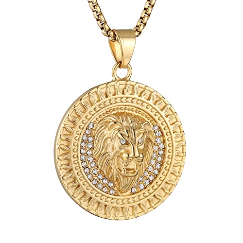 AsAlways 18K Gold Plated Lion Head Necklace Pendant for Men Stainless Steel Hip Hop Rock Lion King Necklaces Charm Animal Amulet Jewelry