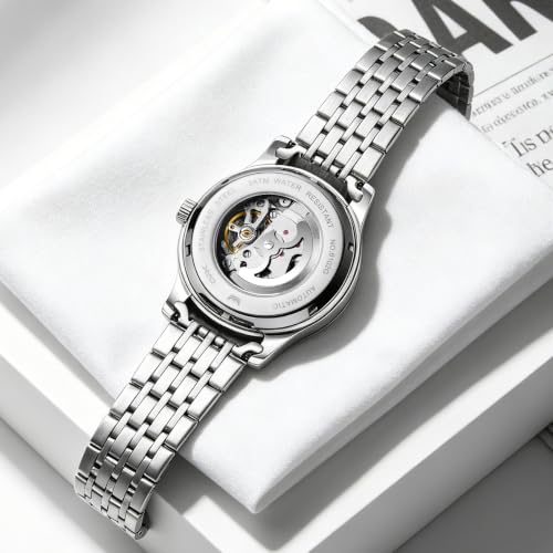Image of OPK Men's Automatic Mechanical Watch Skeleton Black Dial with Roman Numerals Silver Stainless Steel Bracelet Waterproof Luxury Dress Wristwatch