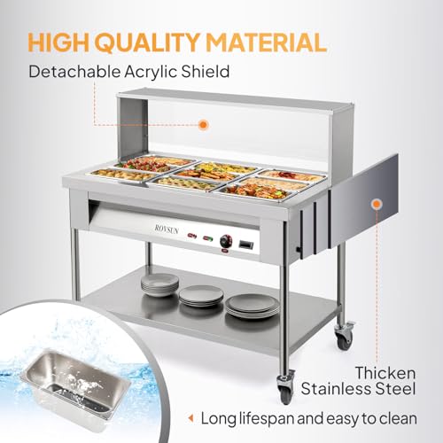 Rovsun FOOD WARMER-4 72Qt Steam Table, 9-Pan Electric Commercial Food Warmer Stainless Steel Bain Marie W/Acrylic Shield Overshelf Undershelf Temperature Control & Lid thumb #2