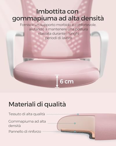 Sedia da Ufficio, Poltrona Girevole, Regolabile in Altezza, Inclinazione Libera, Seduta e Schienale in Rete Respirante, per Ufficio Studio, Portata di 120 kg, Rosa Gelatina OBN022R02 - Sedia gaming - Immagine 6