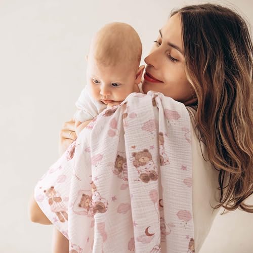 Image of GLLQUEN BABY Muslin Swaddle Blankets for Newborn Girls, Large 40''x38'' | 3Pk, 100% cotton, ultra soft and breathable, gentle on sensitive newborn skin, Multi-use as swaddle wrap, receiving blankets