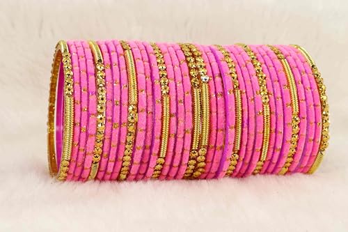 Glass Beads & Polka Dots Velvet Bangles Set, Stylish Chudi Jewellery