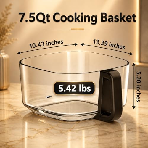 Image of BOSWELL Glass Air Fryer, 7.5QT with Transparent Fry Bowl, Circulating Heating, Temperature Control, Air Fryer Roast, Dishwasher Safe (white)