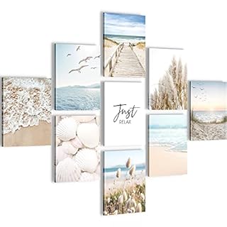 Novart- Tableau Décoration Murale- Plage et mer- To be relax- Decoration Chambre Salon- Prêt à être Accroché- 9 Cadres de 20x25 cm- Beige- N026091a