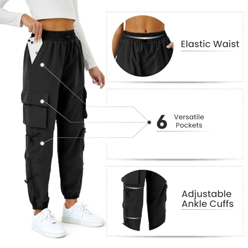 Friptspyg Cargohose Damen Leichter Trekkinghose mit Tasche Wanderhose Schnelltrocken Wasserdicht Einstellgurt Outdoor Hosen Sportlich Jogginghose, Schwarz M