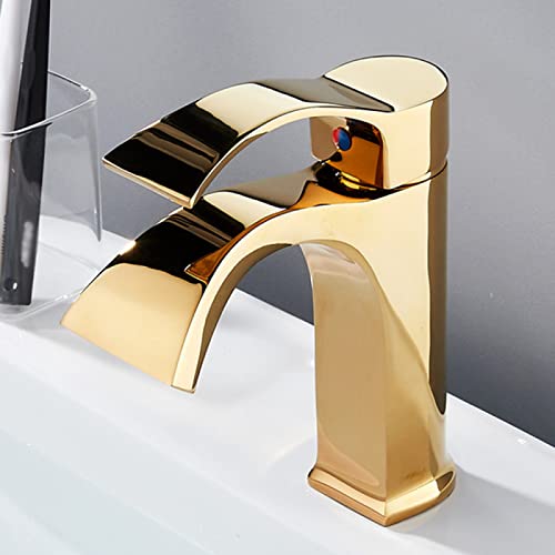 Robinet mitigeur de lavabo de salle de bain cascade or laiton haut monotrou eau chaude froide