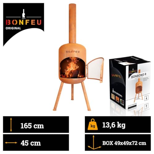 BonFeu BonBono Rost- Terrassenofen- Feuerstelle mit Funkenschutz für entspannte Abende- Feuersäule Outdoor- Terrassenkamin mit Grillrost- Gartenofen aus hochwertigem Cortenstahl- 45x45x165cm-2