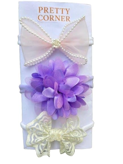 Baby Girl Headbands Combo Set – Soft Stretchable Nylon Bands with Pearl Bow, Purple Flower & Lace Bow | Newborn to Toddler Hair Accessories | Comfortable, Cute & Non-Slip Headbands for Photoshoot.Made by a Mother, Trusted by Mothers-image-23
