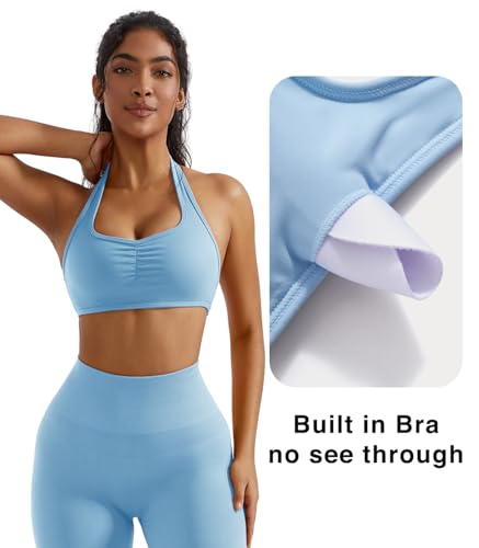 Image of OMKAGI Halter Sports Bras for Women Open Back Workout Bras Padded Yoga Bra Gym Tops
