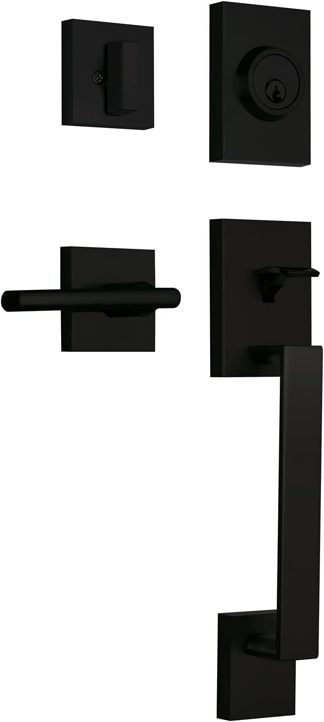 Nuk3y Haven Modern Handleset Front Door Entry Handle and Deadbolt with Reversible Inside Lever Trim (Square Hulk Lever Trim, Matte Black)