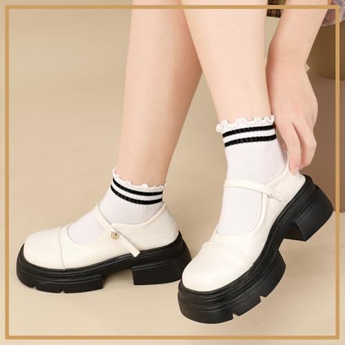 Image of Jspupifip 6 Pairs White Frilly Socks Women Striped Ruffle Socks Woman Cotton Cute White Ankle Socks Breathable Casual Crew Socks for Womens Ladies Girls