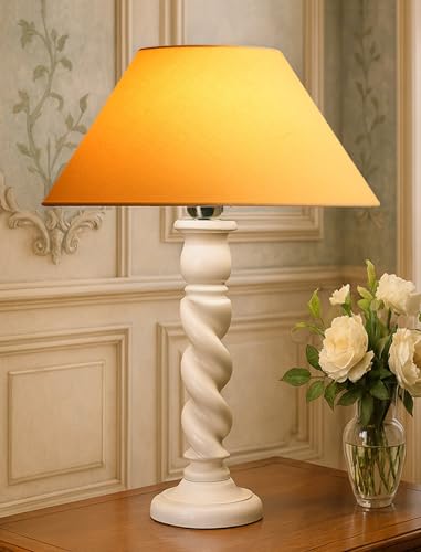Image of Homesake Handcrafted Wooden Table Lamp for Bedroom & Living Room|Decorative Bedside Reading Lamp, E27 Holder|Bulb Included |Twister White Wooden Rustic for Home Decor, Golden Cone Shade