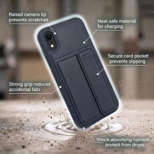 Image of amazon basics Luxury Vegan Leather Back Cover for iPhone XR | Built-in Card Holder Slot | Integrated Mobile Stand | Slim Shockproof Protective Case with Stitched Finish - Blue