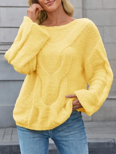 Saodimallsu Womens Off One Shoulder Sweaters Boat Neck Cable Knit Long Lantern Sleeve Loose Fall Trendy Pullover Tops3