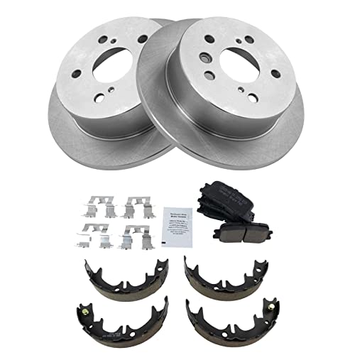 Image of TRQ Rear Brake Pad and Rotor Set Ceramic Rotors Parking Brake Shoe Set Compatible with 2002-2003 Lexus ES300 2004-2006 ES330 2002-2006 Toyota Camry