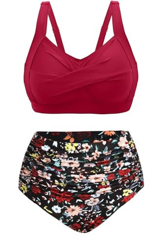 Image of Daci Women Plus Size High Waisted Two Piece Swimsuit Tummy Control Bikini | Twist Front,Ruched Tummy Control,High Waist,V Neck,Full Coverage,Retro,Removable Pads,Adjustable Straps