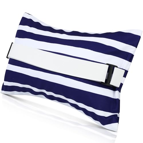 Menkxi 17x10 Inflatable Beach Pillow with Removable Cover Beach Chair Backpacking Pillow with Strap Stripe for Summer Sand Pools Travel Vacations(Navy Blue White)