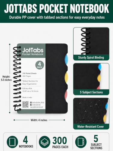 Image of DOODLE Set of 4 Pocket 5 Subject Notebooks | 300 Pages Each | Spiral Bound Mini Notebook with Color Indexed Tabs | Pocket Journal for School, College, Office & Note Taking
