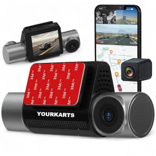 Image of YOURKARTS.COM T800 Touch screen Triple Camera 4K Dual Dash Cam WiFi, ADAS, Parking Monitor, Loop Recording, USB-A to Type-C Cable 3m with car charger- Fron, cabin and Rear Cameras | 18 Months Warranty