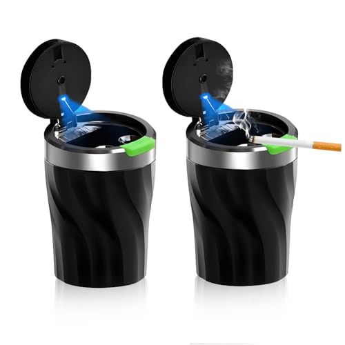 TAIHOBO Lot de 2 cendriers de voiture avec couvercle - Avec lumière LED - Portable - En acier inoxydable - Grande capacité - Amovible