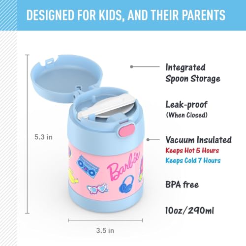 Image of THERMOS FUNTAINER Insulated Food Jar, 10 Ounce, Kid Friendly Food Jar with Foldable Spoon, Barbie