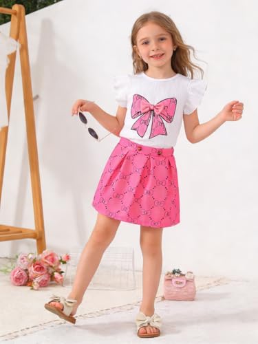 Image of Azmxynol Toddler Girls Clothes Cap Sleeve T-Shirt + Bowknot Print 2pcs Summer Shorts Outfit Set For Girls, Size 4-8 Years