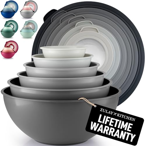 Zulay Kitchen 12 Piece Plastic Nesting Mixing Bowls with Lids - Colorful Microwave & Freezer Safe Gray Ombre Set