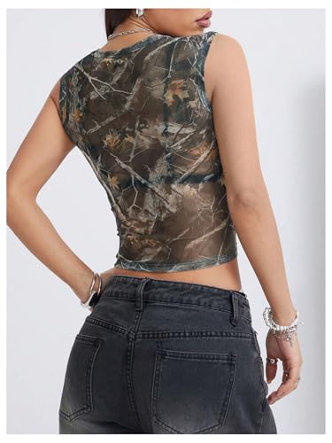 Women's Camo Tank Top Y2k Sheer Mesh Crewneck Sleeveless Crop Tops2