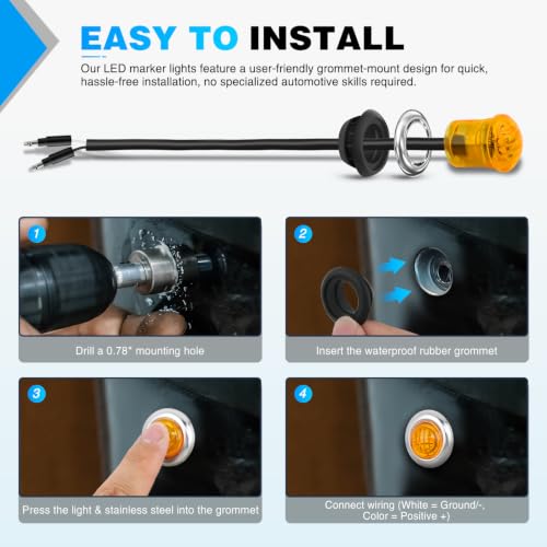 Image of Nilight 3 /4 inch Round Marker Lights 10PCS Amber with 304 Stainless Steel Bezel | Side Bullet Clearance Light with IP68 Waterproof Hardwired 2 Wire Connectors and Bright LED for 12V Trailer Truck Camper Boat